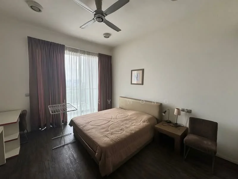 Bedroom features: queen-size bed with beige bedding, upholstered headboard, wooden flooring, floor-to-ceiling windows, sheer curtains, dark brown armchair, white desk with drawers, clothes drying rack, ceiling fan with light, decorative wall art; style: modern; view: city.