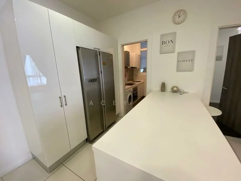Kitchen features: white cabinetry, stainless-steel fridge, white countertop, tile flooring, wall clock, open layout, doorway to laundry area, decorative wall art; style: modern.