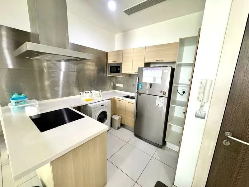 Kitchen features: stainless-steel sink, chrome pull-down faucet, white quartz countertop, stainless-steel range hood, built-in oven, freestanding range oven, microwave, stainless-steel fridge, washing machine, wood cabinetry, tile flooring, grey backsplash, open shelving, under-counter storage; style: modern.