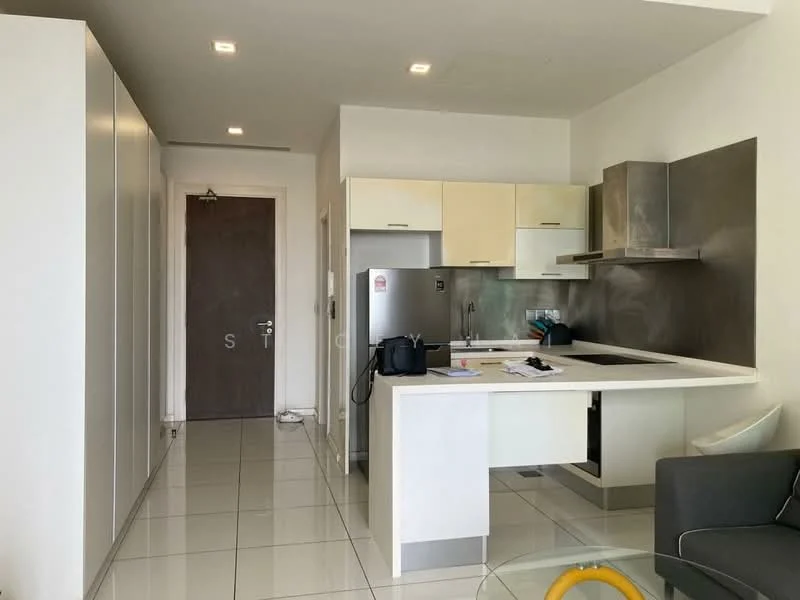 Kitchen features: white cabinetry, stainless-steel countertop, stainless-steel range hood, built-in oven, 4-burner gas hob, single-bowl stainless-steel sink, chrome pull-down faucet, white tiled backsplash, ceramic tile flooring, recessed LED downlights, floor-to-ceiling cabinets, open layout, kitchen island with seating, wall-mounted microwave; style: modern. Room features: white walls, sliding door, interior door, light switches, open space layout.