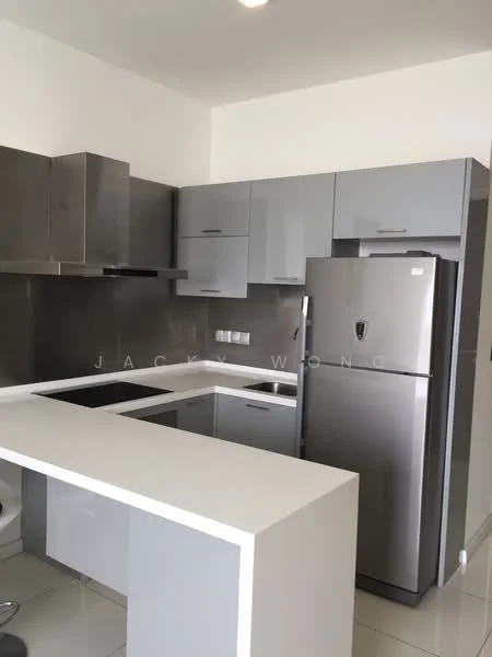 Kitchen features: grey cabinetry, stainless-steel fridge, stainless-steel range hood, white countertop, single-bowl stainless-steel sink, chrome pull-down faucet, ceramic tile flooring, recessed downlights, grey backsplash, open shelving, built-in cabinets; style: modern.