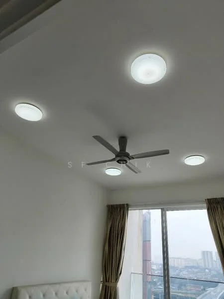 Room features: white painted walls, ceiling with recessed downlights, 5-blade ceiling fan with light, floor-to-ceiling windows, sheer curtains; view: city.