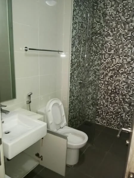 Bathroom features: white ceramic toilet, single-sink vanity with white cabinet, chrome basin mixer faucet, walk-in shower with glass enclosure, rain shower head, grey tile flooring, mosaic tile wall cladding, mirror above vanity, towel rail, recessed lighting; style: modern.