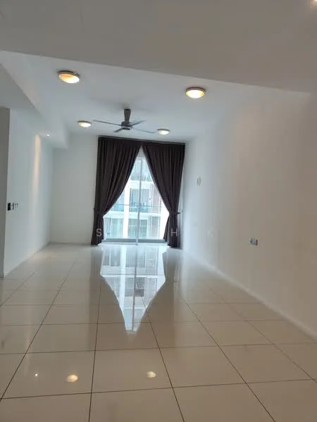 Living features: white painted walls, glossy ceramic tile flooring, 5-blade ceiling fan with light, floor-to-ceiling windows, dark brown curtains, recessed ceiling lights; style: modern.
