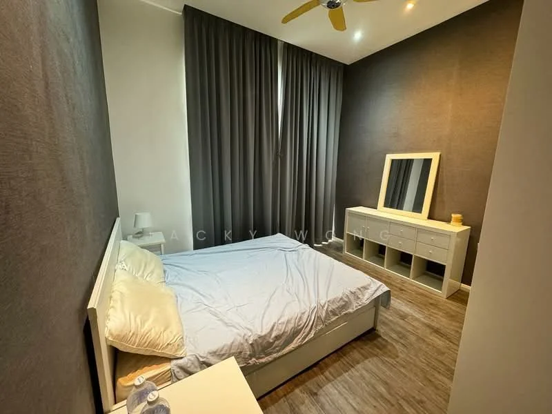 Bedroom features: queen-size bed with white bedding, grey accent wall, white painted walls, wooden flooring, floor-to-ceiling curtains in dark grey, white dresser with mirror, nightstand with lamp, ceiling fan with light, decorative items on dresser; style: modern.