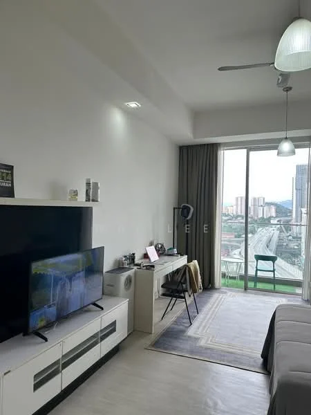 Living features: floor-to-ceiling windows, grey curtains, 3-blade ceiling fan with light, wall-mounted TV, white TV console, study desk with chair, area rug with geometric pattern, decorative wall art, light-colored wall, laminate flooring; style: modern; view: city.