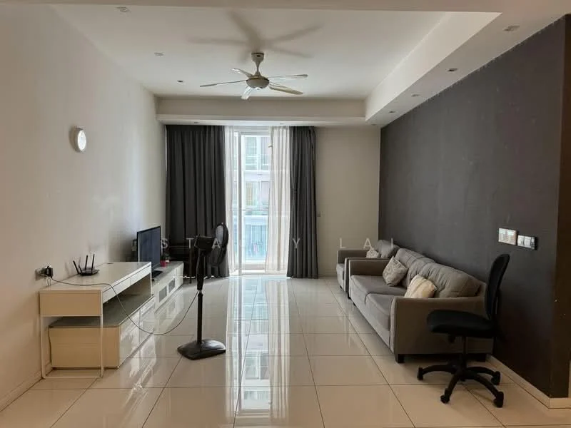 Living features: white painted walls, grey accent wall, glossy tile flooring, 5-blade ceiling fan, floor-to-ceiling windows, sheer curtains, TV console, wall-mounted TV, 2-seater fabric sofa in grey, coffee table, area rug; style: modern.