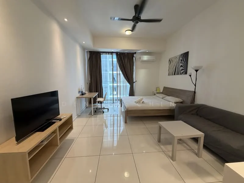 Living features: white painted walls, glossy white tile flooring, 5-blade ceiling fan with light, floor-to-ceiling windows, sheer curtains, grey fabric sofa, wooden TV console, wall-mounted TV, wooden bed frame, decorative wall art, air conditioning unit; style: modern; view: city.