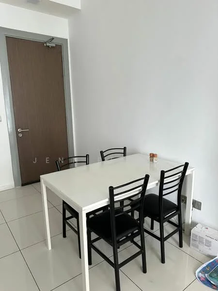 Dining features: white rectangular dining table, 4 black dining chairs, white tiled flooring, plain white walls, wooden door, door handle, corner of the room, minimalist decor; style: modern.