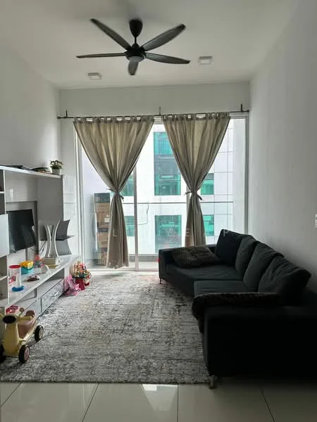 Living features: 3-seater fabric sofa in black, area rug with geometric pattern, wall-mounted TV, TV console with storage, floor-to-ceiling windows, sheer curtains, 5-blade ceiling fan, decorative items on shelves, light-colored walls, glossy tile flooring; style: modern; view: city.