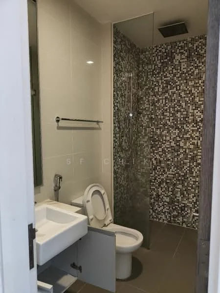 Bathroom features: white ceramic toilet, single-sink vanity with cabinet, chrome basin mixer faucet, walk-in shower with glass enclosure, rain shower head, mosaic tile wall, grey ceramic tile flooring, mirror above sink, towel bar, shower wall with decorative tiles; style: modern.