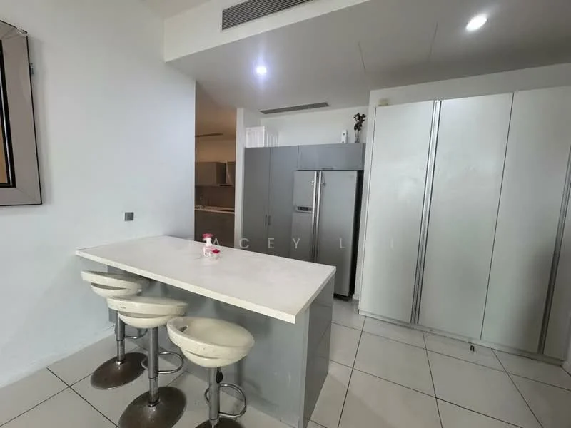 Kitchen features: white quartz countertop, stainless-steel fridge, grey cabinetry, bar stools, ceramic tile flooring, recessed lighting, open layout, kitchen island; style: modern.