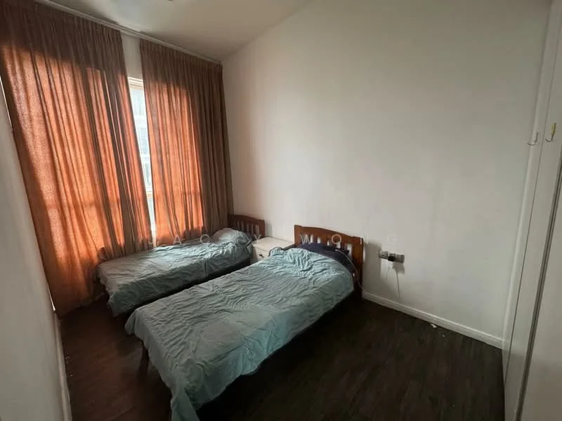 Bedroom features: two single beds with blue bedding, wooden bed frames, floor-to-ceiling window with sheer curtains, brown curtain drapes, dark wood flooring, wall-mounted electrical outlets, light-colored painted walls, minimalist decor; style: modern.