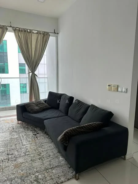 Living features: 3-seater fabric sofa in dark grey, decorative throw pillows, area rug with geometric pattern, floor-to-ceiling windows, sheer curtains, white painted walls, tile flooring, wall-mounted light switches; style: modern; view: city.