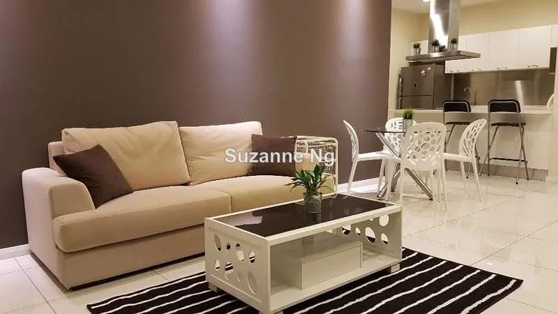Living features: beige fabric sofa, dark brown accent pillows, white coffee table with geometric design, black and white striped area rug, recessed lighting, white dining table with clear plastic chairs, kitchen island with bar stools, white cabinetry, stainless-steel appliances, white tiled flooring, dark accent wall; style: modern.