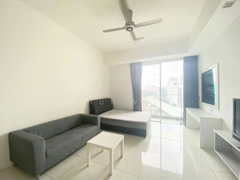 Living features: grey fabric 3-seater sofa, white coffee table, queen-size bed without bedding, floor-to-ceiling windows, city view, white painted walls, glossy tile flooring, ceiling fan with light, TV console, wall-mounted TV; style: modern; view: city.