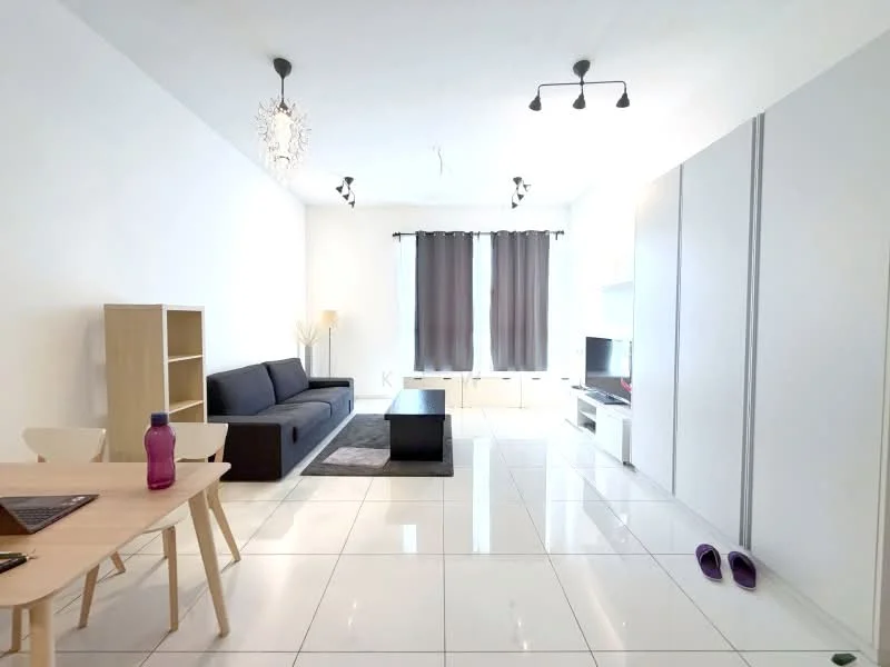 Living features: white painted walls, glossy white tile flooring, 5-blade ceiling fan with light, recessed LED downlights, sofa in black fabric, coffee table in black, TV console in white, wall-mounted TV, bookshelf in light wood, dining table with 4 chairs, decorative floor lamp, curtains in dark grey, area rug in black, slippers on floor; style: modern.