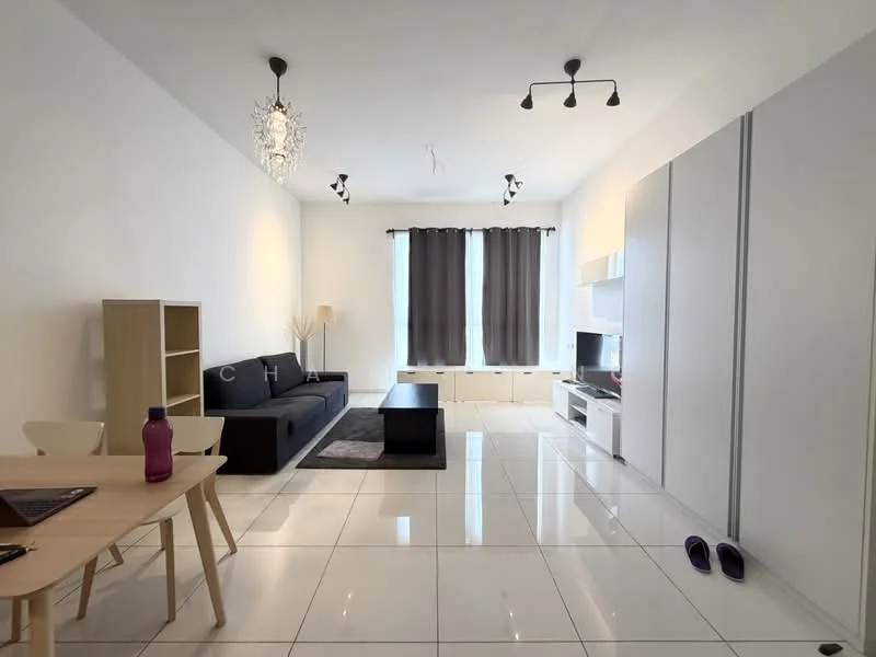Living features: white painted walls, glossy white tile flooring, 3-seater black fabric sofa, coffee table, TV console, wall-mounted TV, floor-to-ceiling windows, sheer curtains, recessed downlights, chandelier, decorative wall art, built-in cabinetry, area rug with geometric pattern; style: modern.