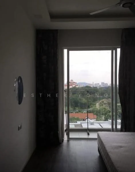 Room features: floor-to-ceiling windows, sliding glass door, curtains, wooden flooring, ceiling fan, view of greenery, view of city skyline; style: modern; view: city.