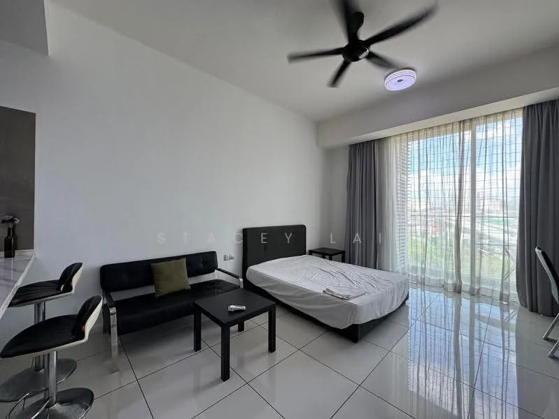 Living features: white painted walls, glossy tile flooring, 5-blade ceiling fan with light, floor-to-ceiling windows, sheer curtains, black sofa, coffee table, bar counter with stools, decorative pillow, bed with mattress; style: modern; view: city.