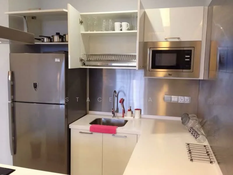 Kitchen features: stainless-steel fridge, built-in microwave, single-bowl stainless-steel sink, chrome pull-down faucet, white cabinetry with flat-panel doors, open shelving, stainless-steel backsplash, countertop with integrated cooktop, glassware and mugs on shelves, kitchen towel on countertop; style: modern.