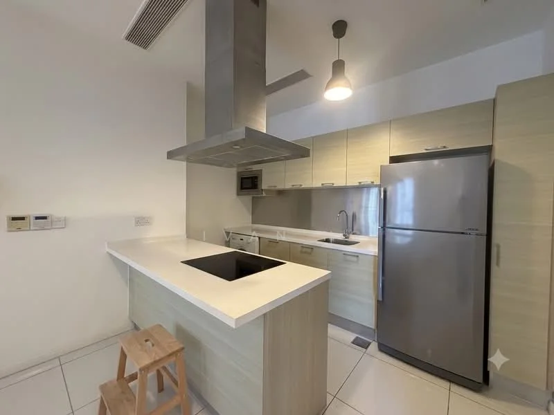 Kitchen features: single-bowl stainless-steel sink, chrome pull-down faucet, white quartz countertop, light wood cabinetry, built-in microwave, stainless-steel fridge, freestanding range oven, exhaust hood, pendant light, tile flooring, open layout, kitchen island with seating, wall-mounted controls; style: modern.