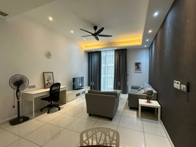 Living features: white painted walls, grey accent wall, polished ceramic tile flooring, 5-blade ceiling fan with light, recessed LED downlights, sofa in light grey fabric, coffee table, TV console, wall-mounted TV, desk with chair, decorative plant, curtains, floor-to-ceiling windows; style: modern.