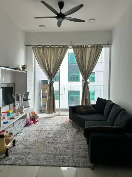Living features: 3-seater fabric sofa in black, area rug with geometric pattern, wall-mounted TV, TV console, 5-blade ceiling fan, floor-to-ceiling windows, sheer curtains, decorative plants, light-colored walls, glossy tile flooring; style: modern; view: city.
