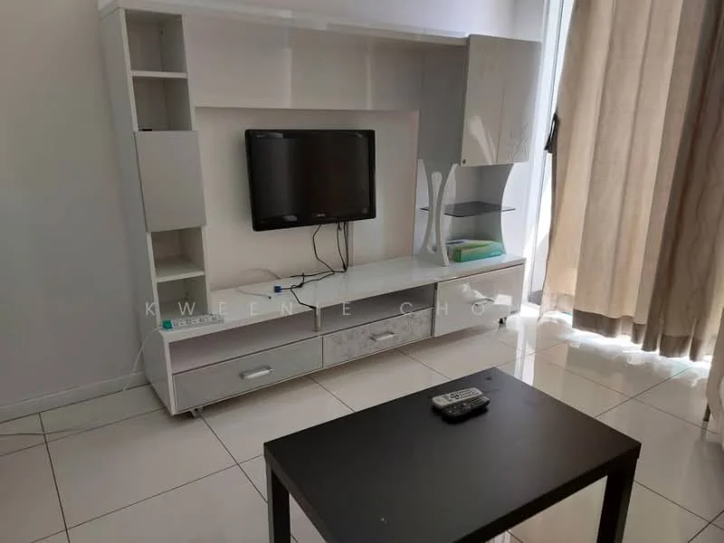 Living features: white TV console with drawers, wall-mounted TV, black coffee table, ceramic tile flooring, floor-to-ceiling windows with sheer curtains, light-colored walls, natural light from window, decorative items on console; style: modern.