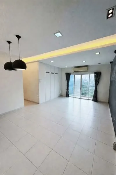 Living features: white painted walls, grey accent wall, tile flooring, recessed downlights, 2 pendant lamps, floor-to-ceiling windows, sliding glass door, blackout curtains, air conditioning unit, built-in cabinets; style: modern; view: city.