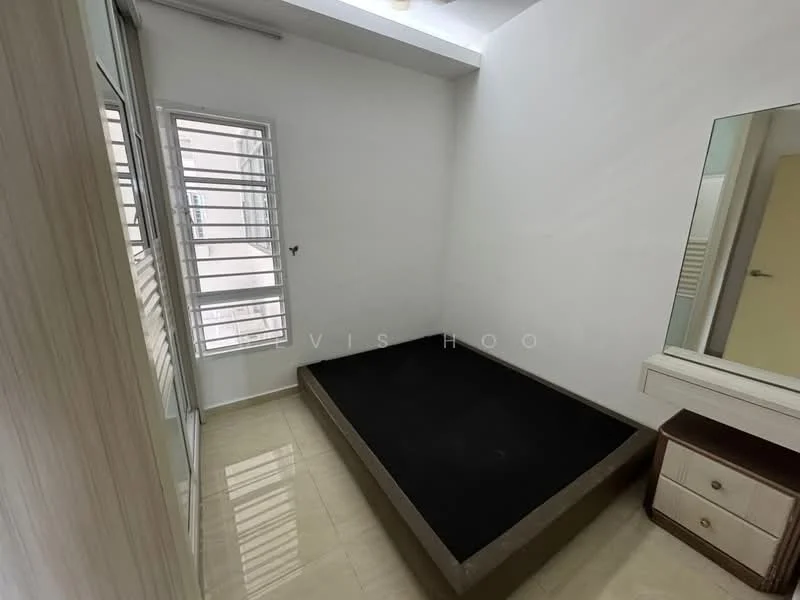 Bedroom features: white painted walls, tile flooring, large window with horizontal slats, built-in wardrobe with sliding doors, mirror on wall, bed frame without mattress, light source from ceiling, neutral color scheme; style: modern.