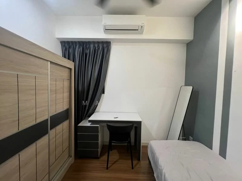 Bedroom features: wooden flooring, white painted walls, grey accent wall, 1 wall-mounted split AC, black desk chair, white desk, full-length mirror, black storage unit, bed with mattress, black curtains; style: modern.