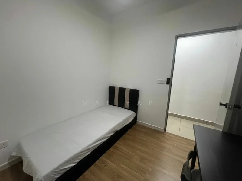 Bedroom features: single bed, wooden flooring, white painted walls, built-in wardrobe, window with natural light, light switch, door to hallway, minimalist decor; style: modern.