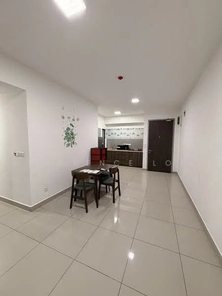 Dining features: white painted walls, glossy ceramic tile flooring, dining table for two, black wooden chairs, recessed downlights, open kitchen layout, kitchen counter visible, door to hallway, decorative wall art with floral pattern; style: modern. Kitchen features: kitchen cabinetry, stainless-steel appliances, countertop, backsplash, refrigerator visible; style: modern.