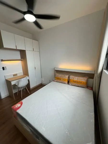 Bedroom features: queen-size bed, wooden headboard, built-in wardrobe with sliding doors, study desk with drawer, ceiling fan with light, laminate flooring, grey painted walls, wall-mounted light fixture, window with curtain; style: modern.