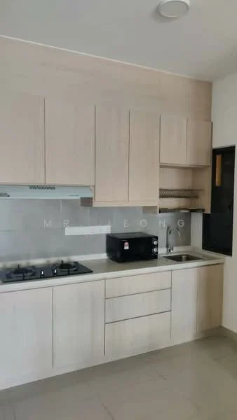 Kitchen features: light wood cabinetry, grey countertop, stainless-steel sink, chrome faucet, built-in gas hob with two burners, extraction hood, microwave, tile backsplash, wall-mounted shelving, neutral wall colour, tile flooring; style: modern.