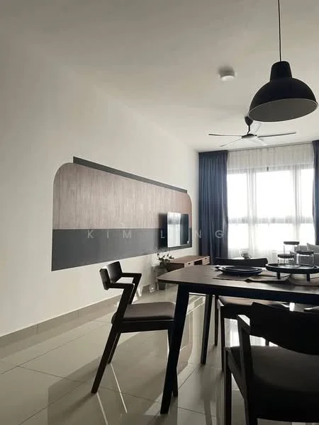 Dining features: dining table, 4 dining chairs, pendant light, floor-to-ceiling windows, sheer curtains, dark wood wall panel, light grey walls, glossy tile flooring, ceiling fan; style: modern.