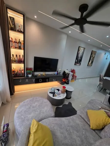 Living features: grey fabric sectional sofa, yellow accent pillows, round coffee table, wall-mounted TV, black TV console, display shelves with decorative items, recessed LED downlights, ceiling fan, cream tiled flooring, curtains, framed artwork on walls; style: modern.