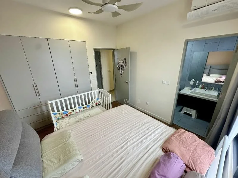 Bedroom features: queen-size bed with light bedding, grey upholstered headboard, built-in wardrobe with sliding doors, wooden flooring, ceiling fan with light, wall-mounted air conditioning unit, window with sheer curtains, decorative pillows on bed, mirror above vanity area, vanity area with sink and toiletries; style: modern.