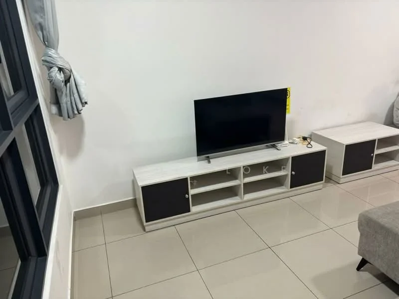 Living features: light grey tiled flooring, white painted walls, floor-to-ceiling windows, grey curtains, TV console with storage, wall-mounted TV, sofa in light grey fabric, decorative items on console; style: modern.