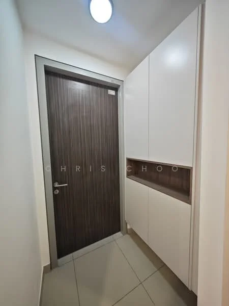 Room features: white cabinetry, wooden accent panel, brown wooden door, recessed ceiling light, grey tiled flooring, wall-mounted storage, minimalist design; style: modern.