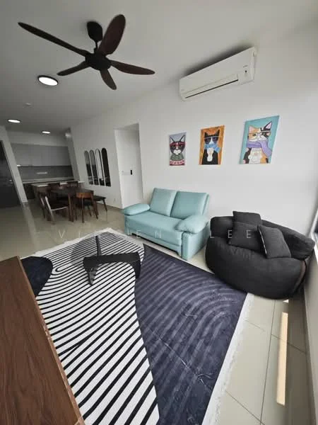 Living features: 3-seater fabric sofa in light blue, bean bag chair in black, wooden TV console, area rug with abstract pattern, ceiling fan, wall-mounted air conditioning unit, framed artwork on walls, dining table with chairs visible in background, glossy tile flooring, recessed ceiling lights; style: modern.