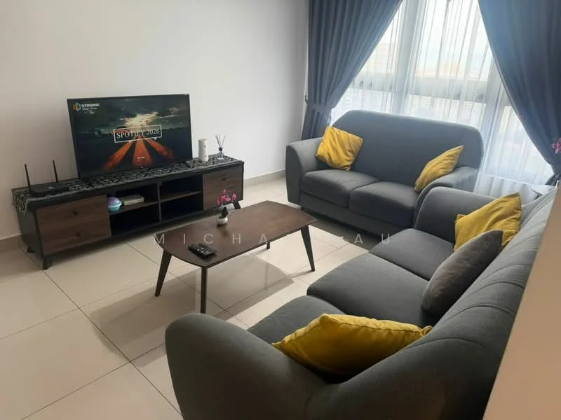 Living features: grey fabric 3-seater sofa, grey fabric 2-seater sofa, yellow accent cushions, wooden coffee table, TV console with storage, wall-mounted TV, floor-to-ceiling windows, sheer curtains, tile flooring, decorative plant on coffee table, wall-mounted decor, recessed lighting; style: modern; view: city.