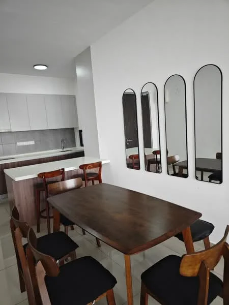 Dining features: wooden dining table, 4 wooden dining chairs with black upholstery, mirrored wall decor with 5 vertical mirrors, white painted walls, grey cabinetry, white countertop, kitchen area visible in background, recessed ceiling light, ceramic tile flooring; style: modern.