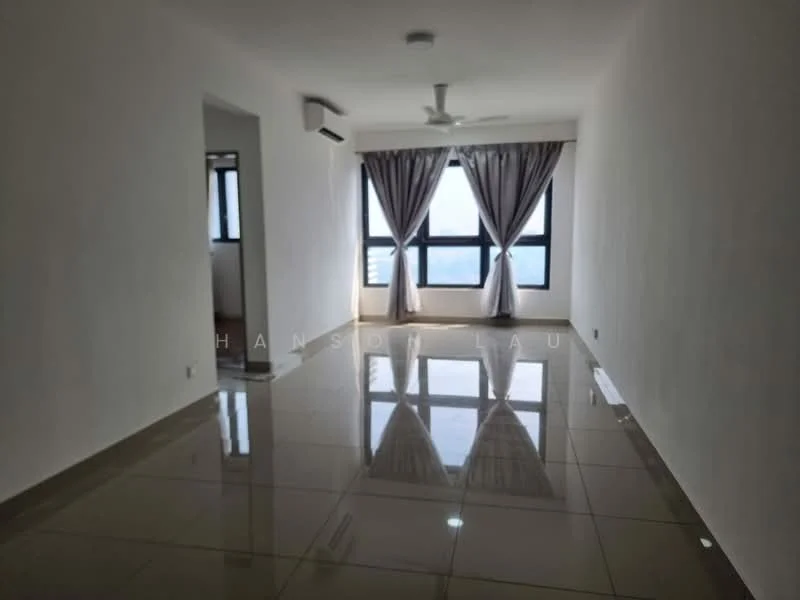 Living features: white painted walls, glossy ceramic tile flooring, 5-blade ceiling fan with light, floor-to-ceiling windows, sheer curtains, city view, recessed lighting; style: modern; view: city.