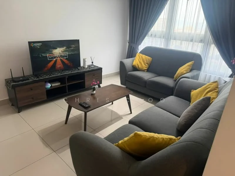 Living features: grey fabric 3-seater sofa, grey fabric 2-seater sofa, yellow accent cushions, wooden coffee table, TV console with storage, wall-mounted TV, curtains, tile flooring, decorative plant on table, floor-to-ceiling windows; style: modern; view: city.