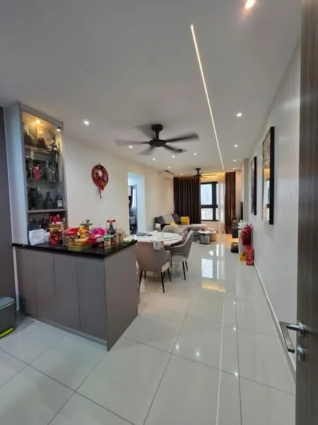 Living features: white painted walls, glossy ceramic tile flooring, recessed LED downlights, 5-blade ceiling fan, sofa in grey, coffee table, TV console, wall-mounted TV, decorative wall art, curtains, open shelving with glassware, dining table with chairs; style: modern. Kitchen features: grey cabinetry, black countertop, stainless-steel sink, built-in appliances, open shelving, decorative items; style: modern.
