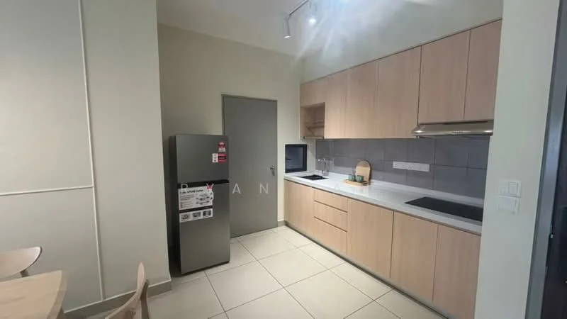 Kitchen features: light wood cabinetry, white countertop, built-in oven, stainless-steel range hood, electric cooktop, stainless-steel fridge, grey tile backsplash, single-bowl stainless-steel sink, chrome pull-down faucet, under-cabinet lighting, open shelving, tile flooring, wall-mounted microwave, window above sink; style: modern.