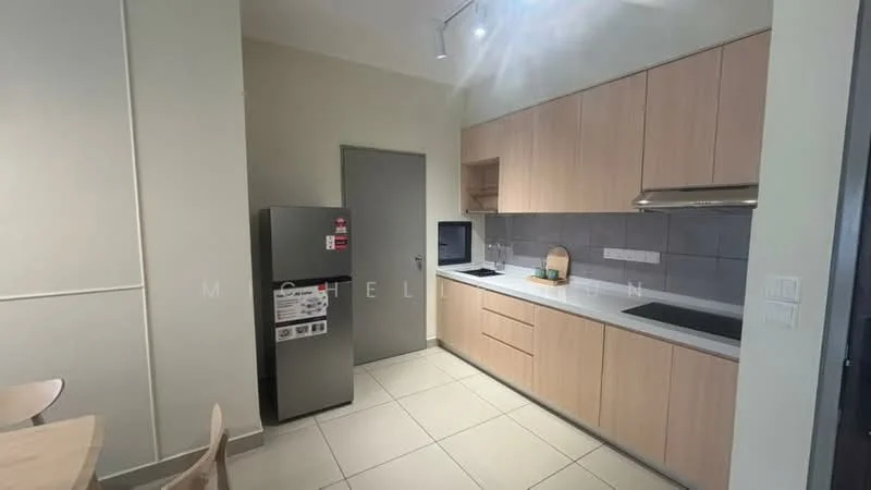 Kitchen features: light wood cabinetry, white countertop, built-in stove, stainless-steel range hood, stainless-steel fridge, single-bowl stainless-steel sink, grey wall, tile flooring, open shelving, under-cabinet lighting; style: modern.