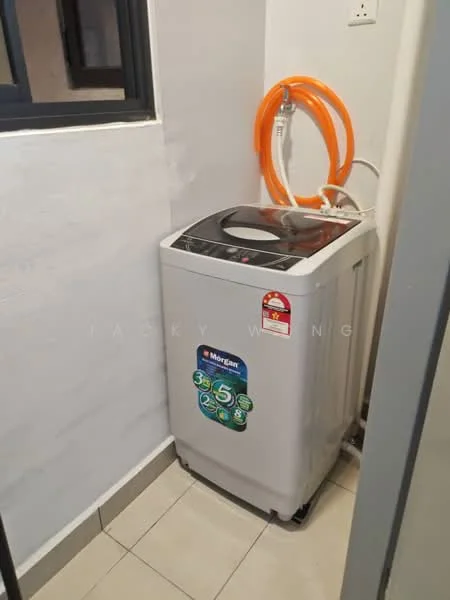 Laundry features: top-load washing machine, grey tiled flooring, white painted walls, orange hose attachment, window for natural light.